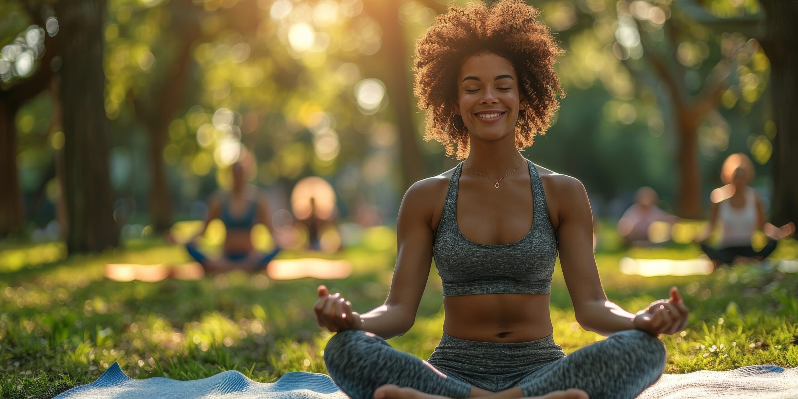 a woman in lotus yoga position on mat in park under sunlight